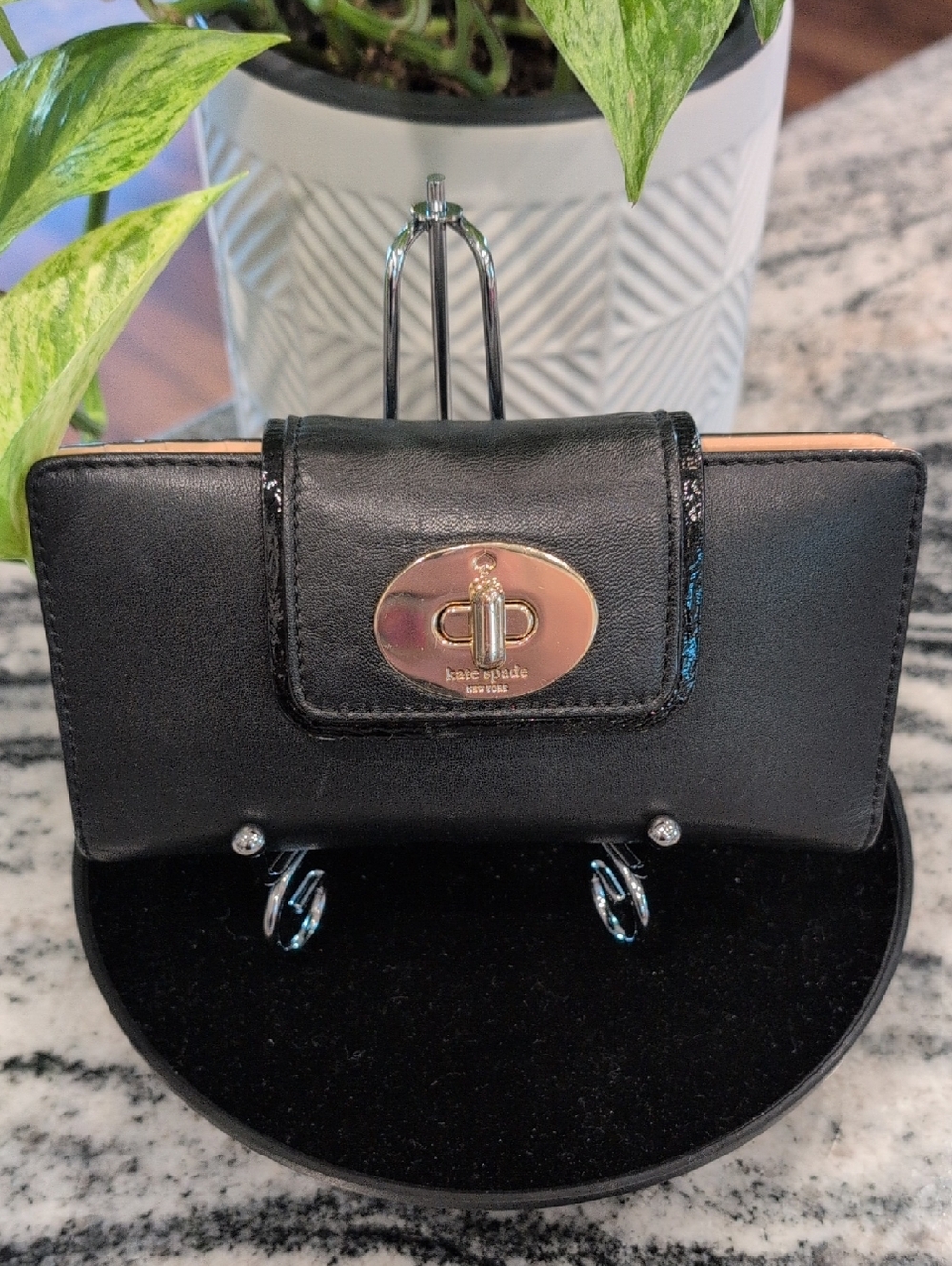 kate spade Black Leather Wallet with Gold Turnlock